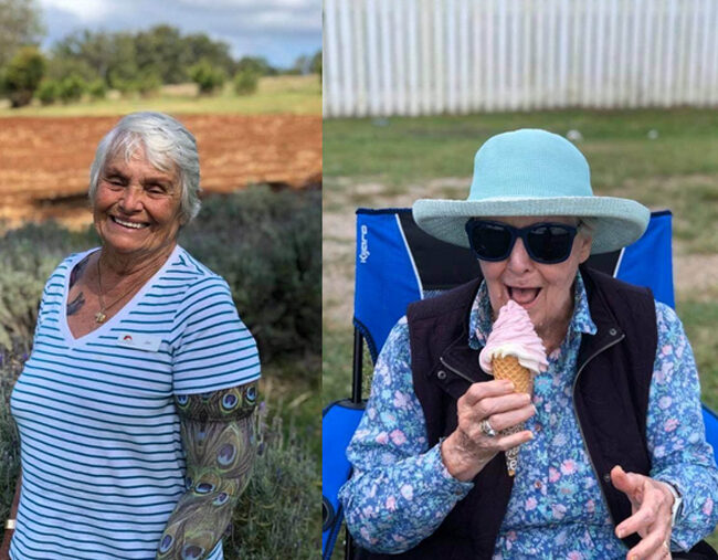 Two pictures of an older woman enjoying an ice cream cone.