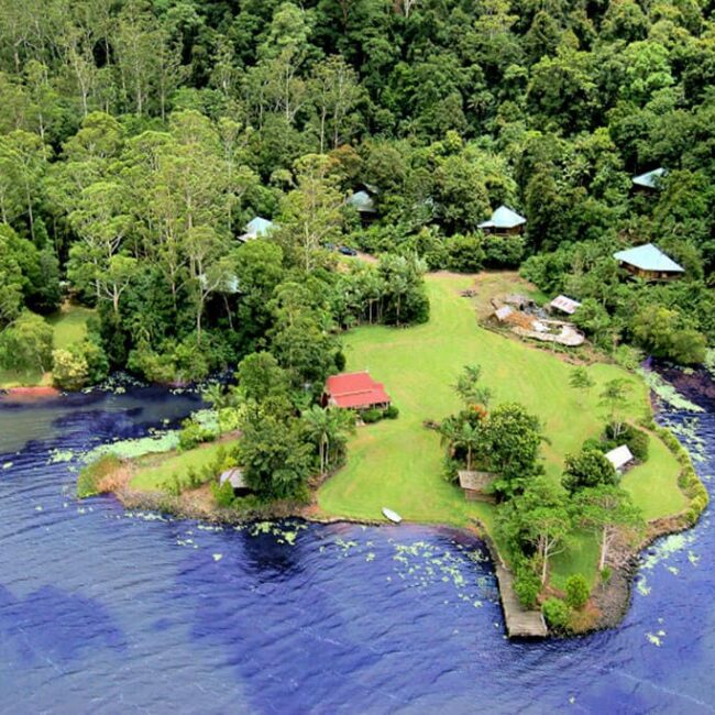 Aerial view of an island in a lake, perfect for tour companies in Australia.