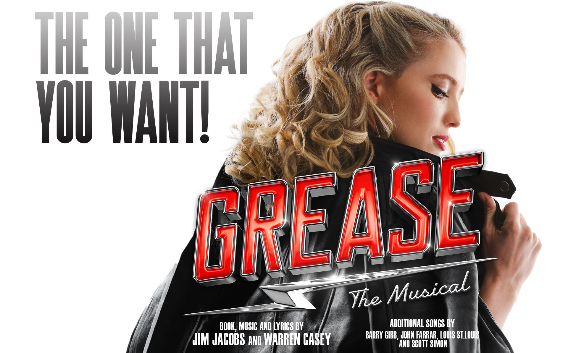 Promotional poster for "Grease: The Musical" featuring a woman in a leather jacket with curly blonde hair. The text reads "The One That You Want!" and includes credits for the book, music, and lyrics by Jim Jacobs and Warren Casey, along with promotional details for the Christmas in July 3-Course Lunch at Secrets on the Lake | 18 JULY 2024.